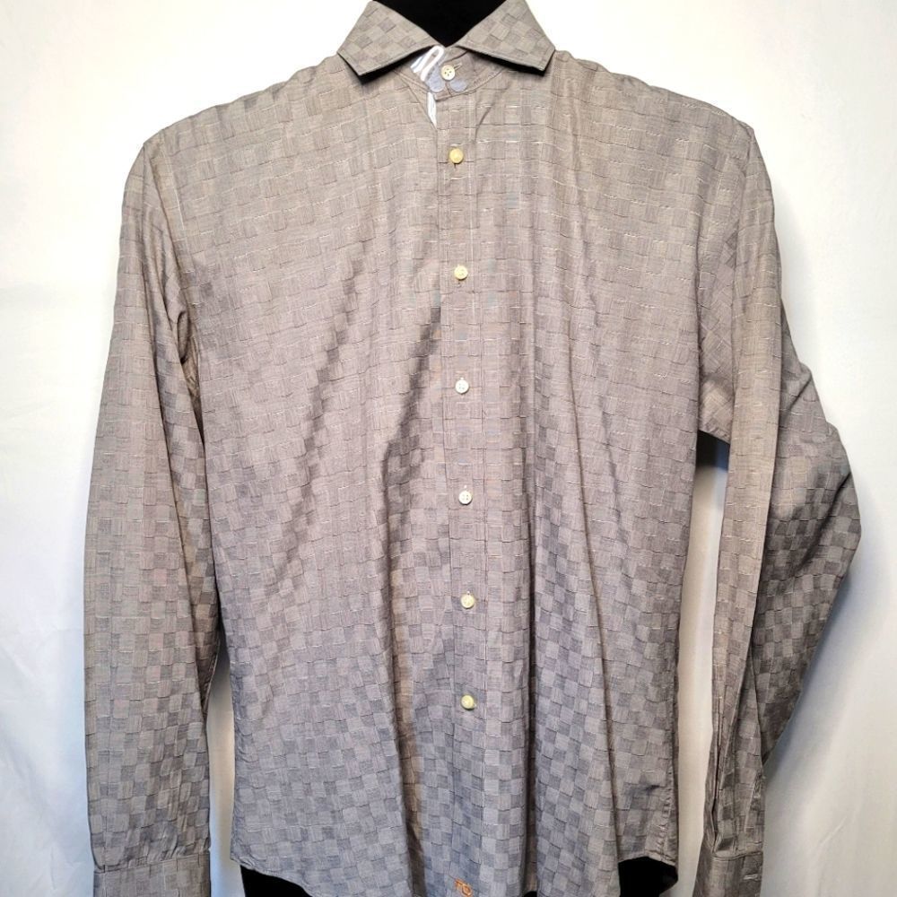 Thomas Dean Gray Checkered Long Sleeve Men's Casual Button Down Dress Shirt